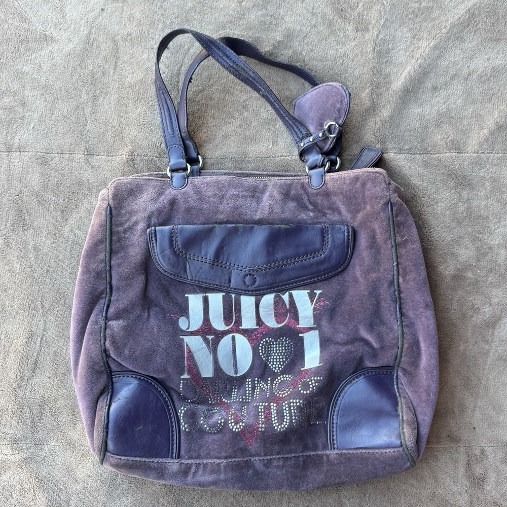 Rare Vintage 90's Juicy Couture Purple Velour Bag Embroidered Bling Purse Tote‎